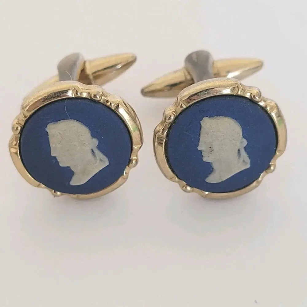 Wedgwood Jasperwear Cufflinks Set Gold Blue Tone Roman Emperor Round England
